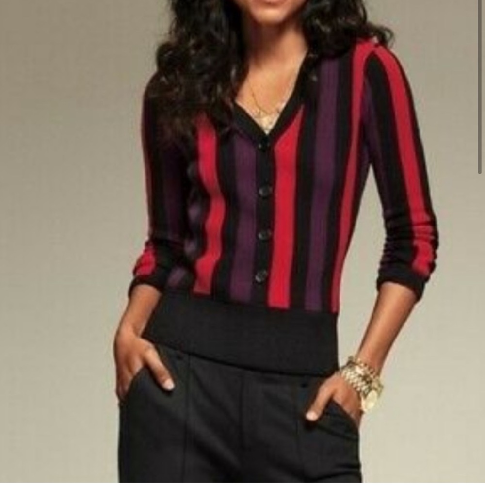 CAbi• royal pullover purple red black striped king sleeve sweater women’s medium